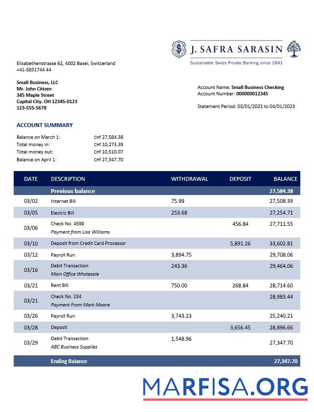 Printable J. Safra Sarasin Bank business statement Word and PDF template